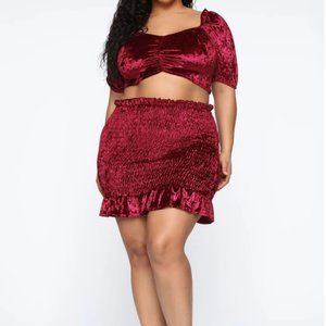 2PC Wine Crushed Velvet Skirt Set